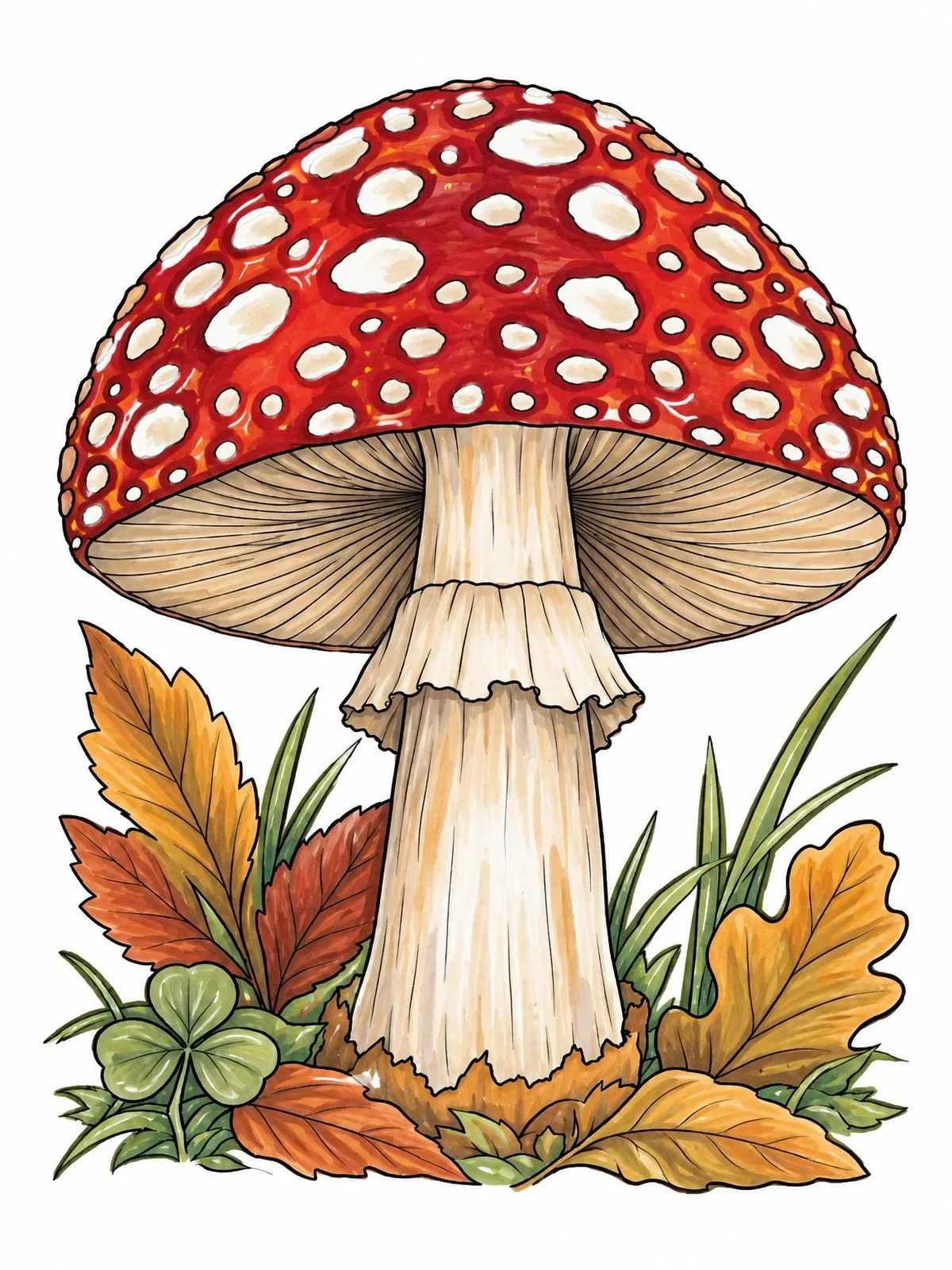 Colored example of the Detailed Forest Mushroom With Foliage coloring page