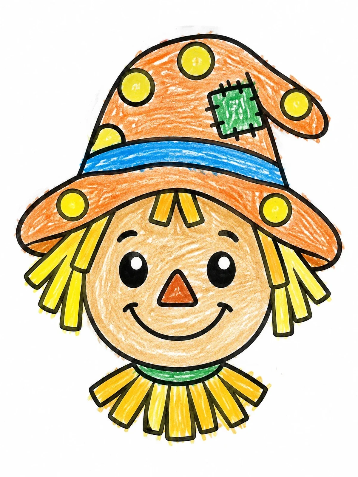 Colored example of the Friendly Scarecrow Face Dot Marker coloring page