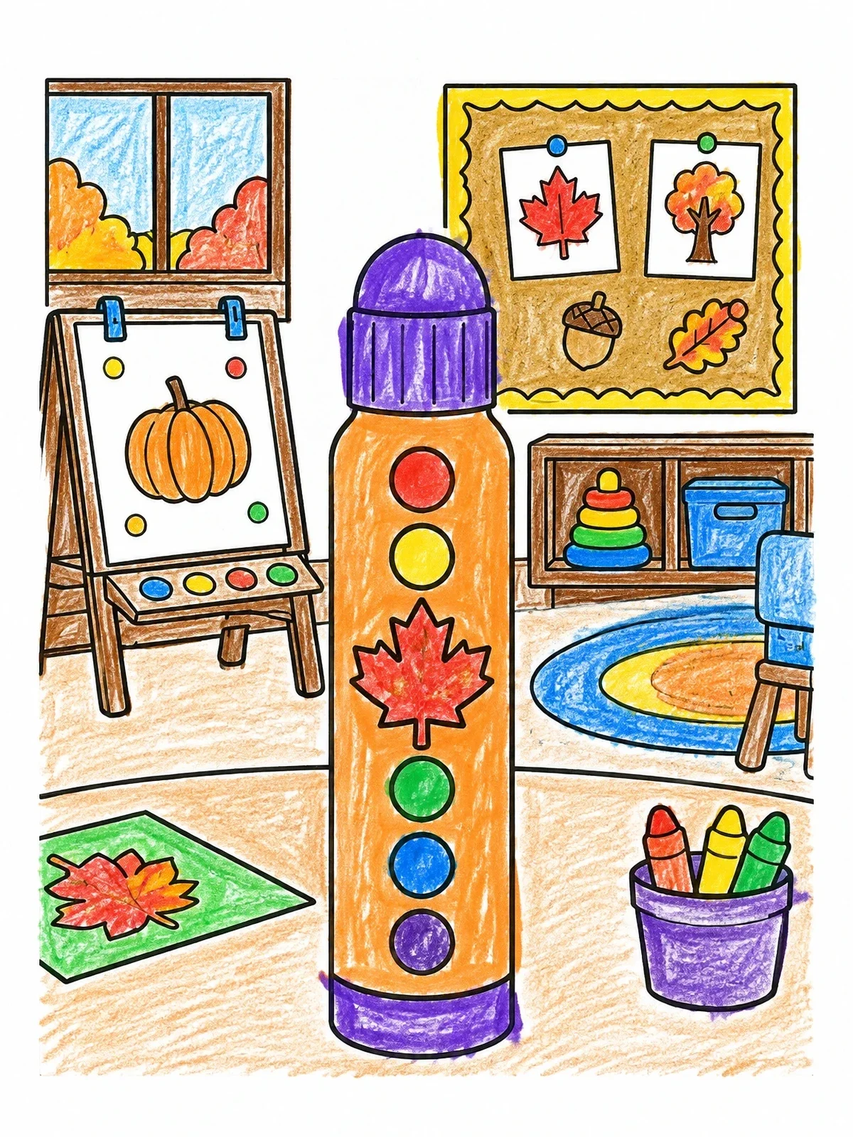 Colored example of the Playroom With Fall Dot Marker coloring page