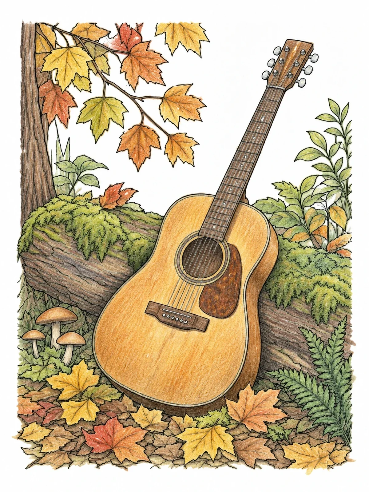Colored example of the Acoustic Guitar In Autumn Forest coloring page