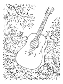 An acoustic guitar on this fall music coloring page rests by a mossy log.