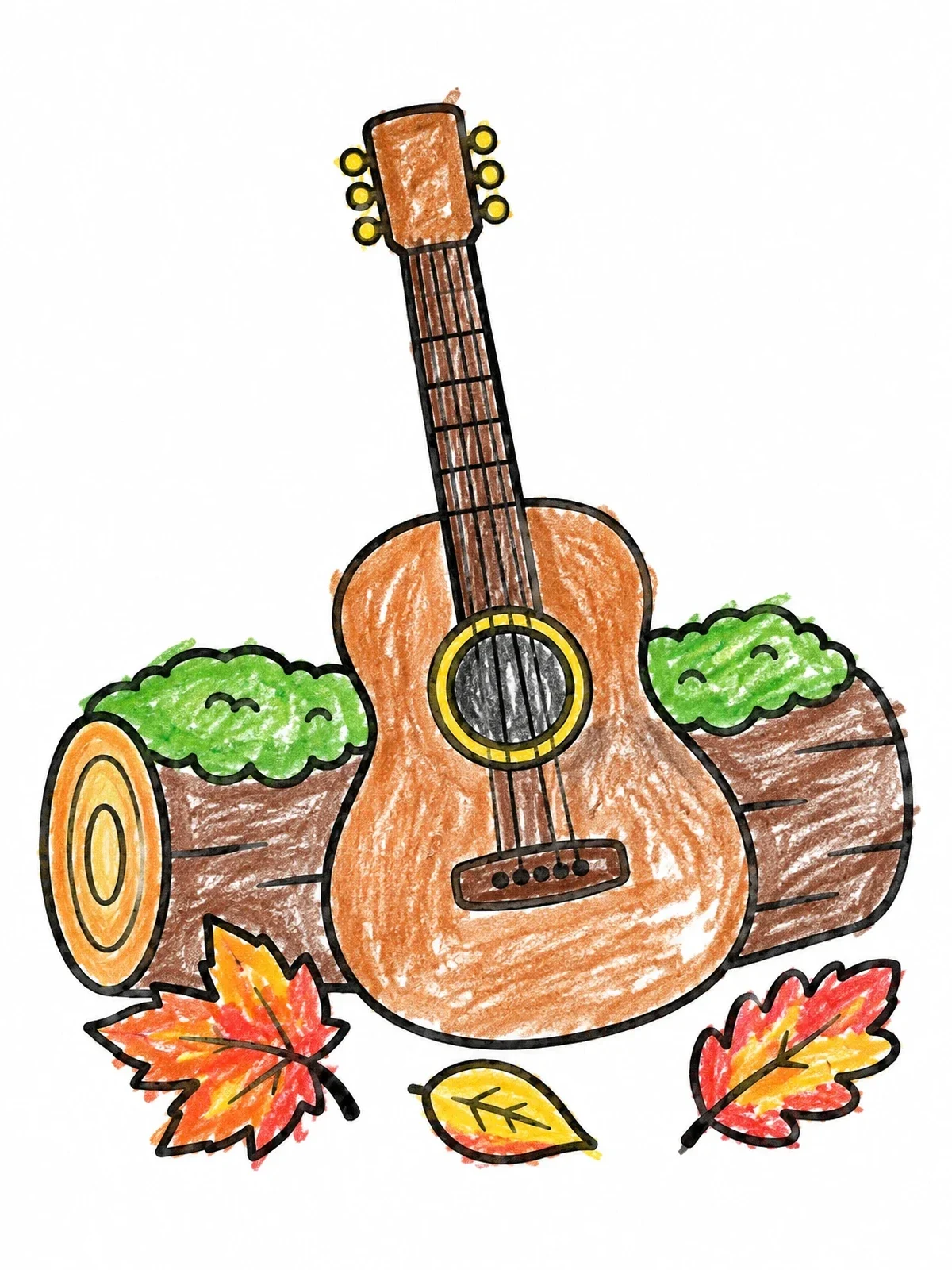 Colored example of the Acoustic Guitar On Autumn Log coloring page