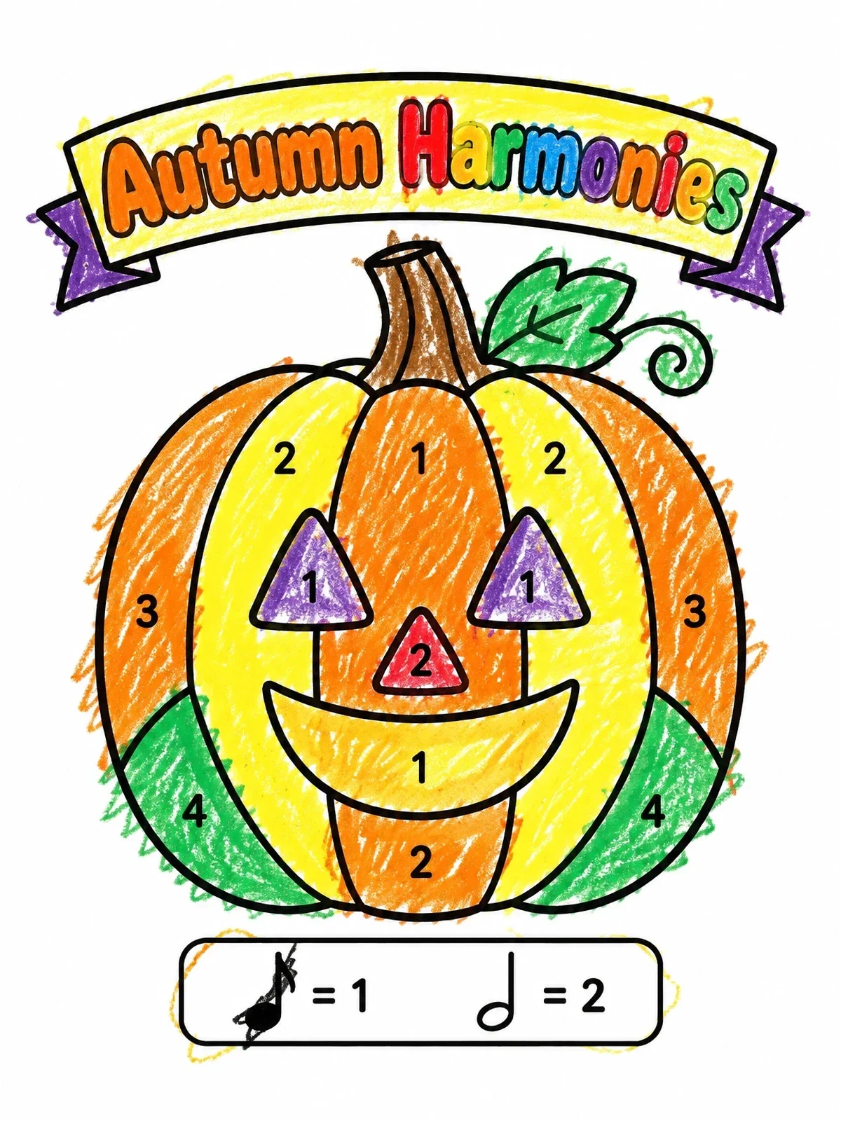 Colored example of the Autumn Harmonies Musical Pumpkin coloring page