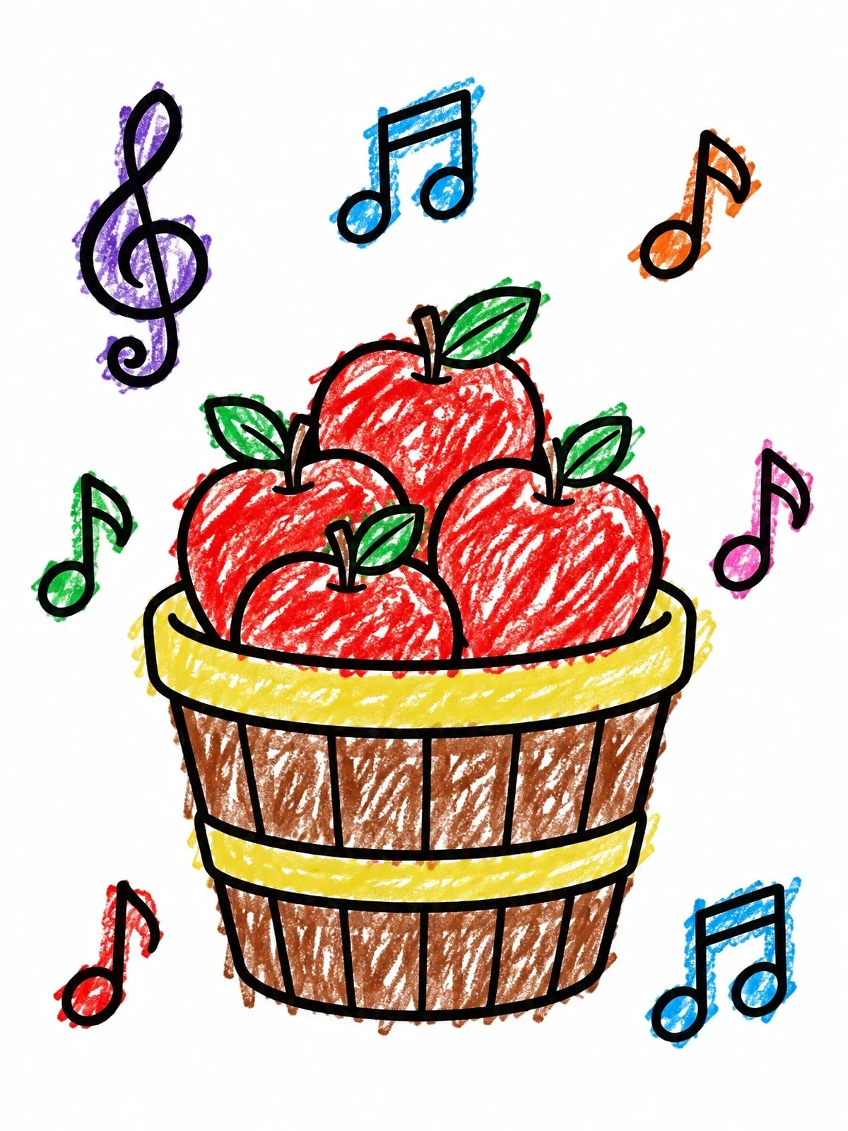 Colored example of the Basket Of Apples With Musical Notes coloring page