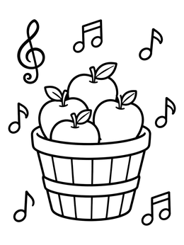 A fall music coloring page with a wooden bushel basket filled with fresh apples and floating music notes.