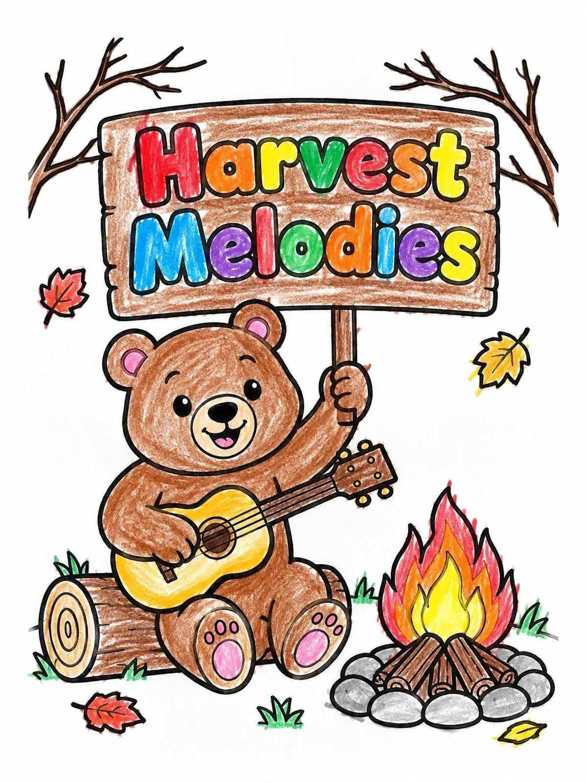 Colored example of the Bear Playing Ukulele By The Campfire coloring page