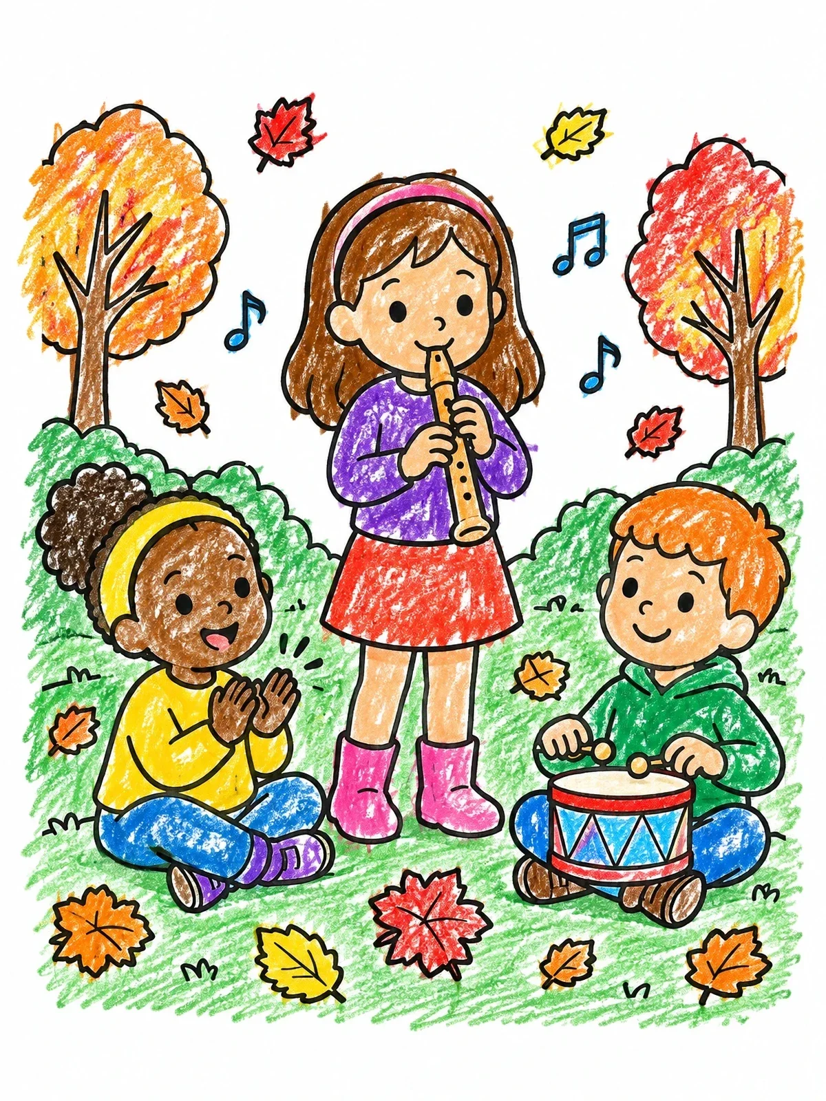 Colored example of the Children Playing Autumn Music Outdoors coloring page