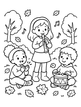 Kids making music outdoors with a flute and drum in this fall music coloring page.