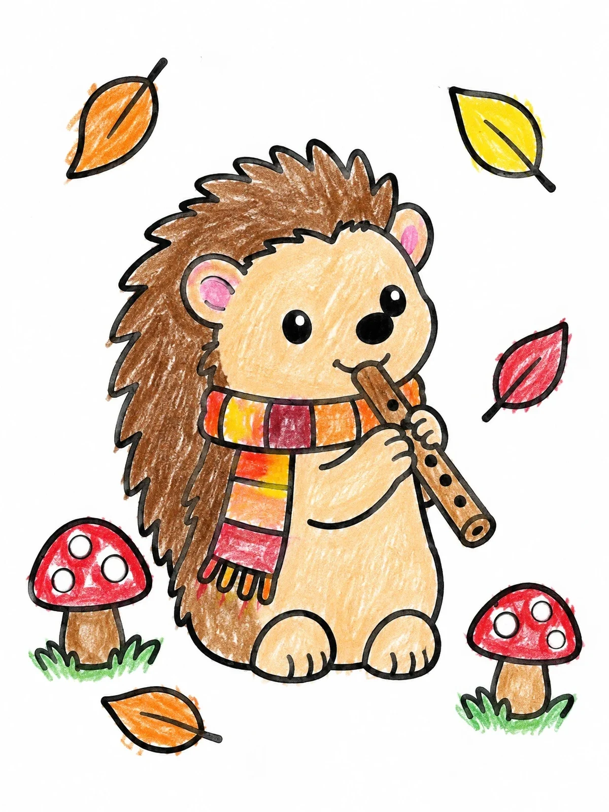 Colored example of the Cute Hedgehog Playing The Flute coloring page