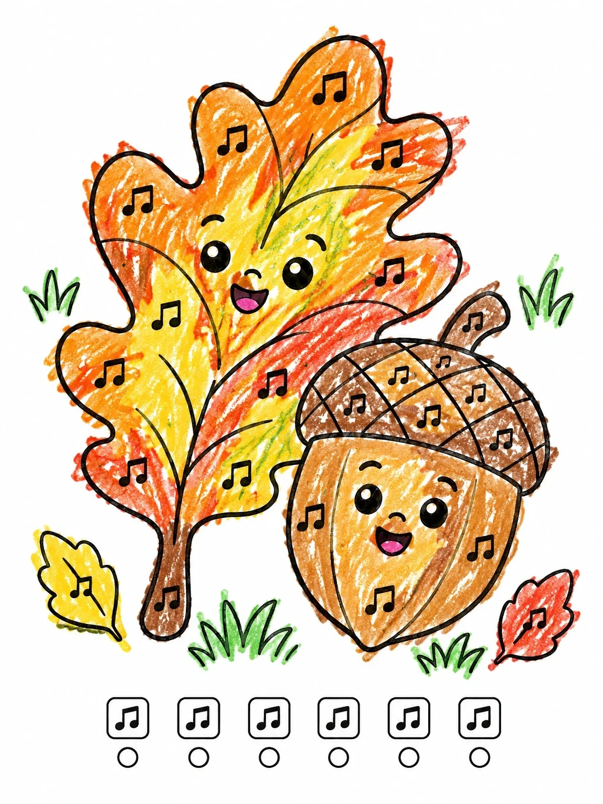 Colored example of the Cute Singing Oak Leaf And Acorn coloring page