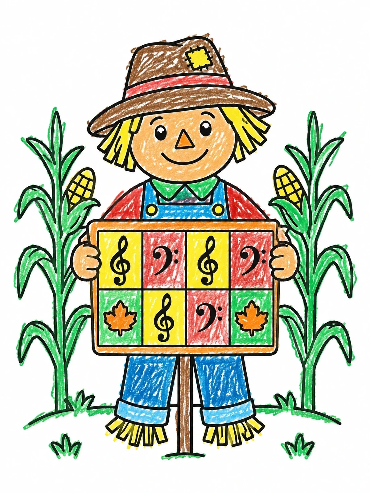 Colored example of the Friendly Scarecrow With Autumn Music Chart coloring page