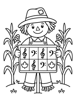 Free printable Friendly Scarecrow With Autumn Music Chart coloring page