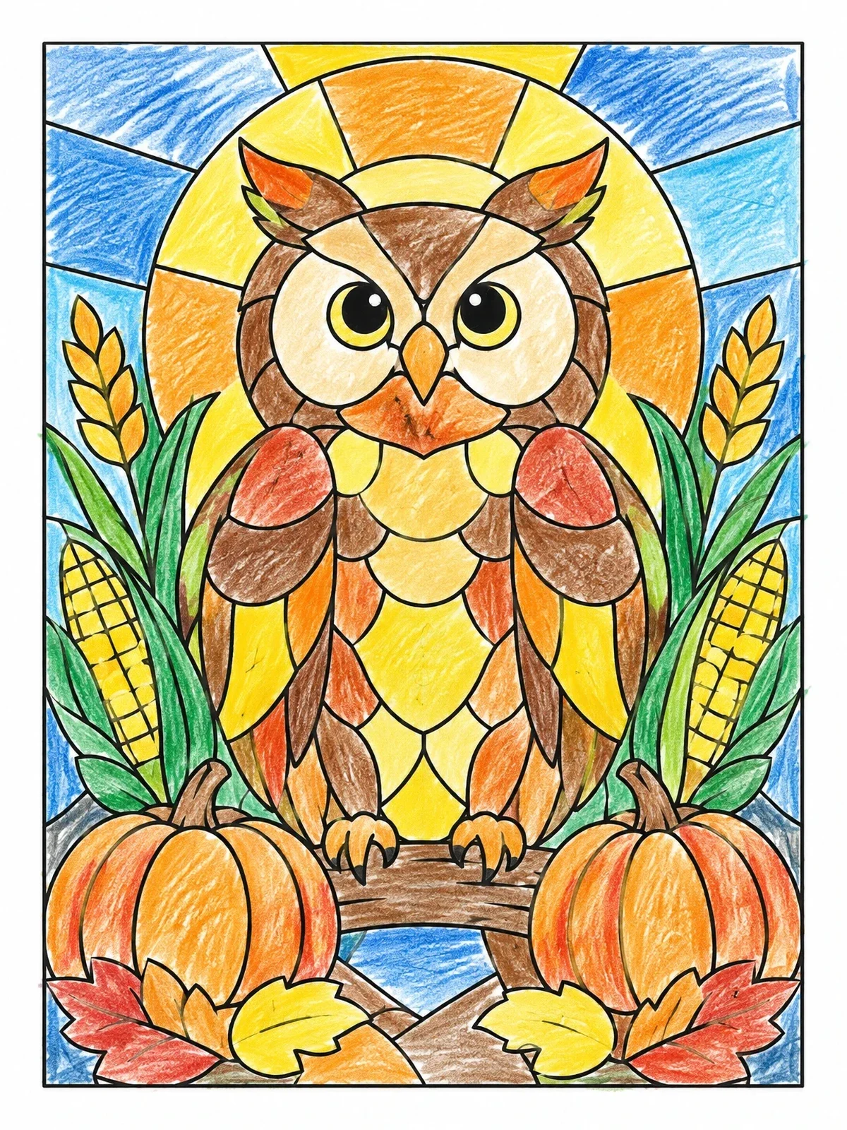 Colored example of the Harvest Owl With Musical Dynamics coloring page