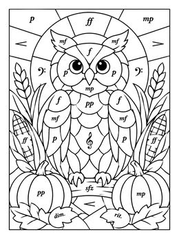 Stained glass harvest owl with pumpkins on this fall music coloring page.