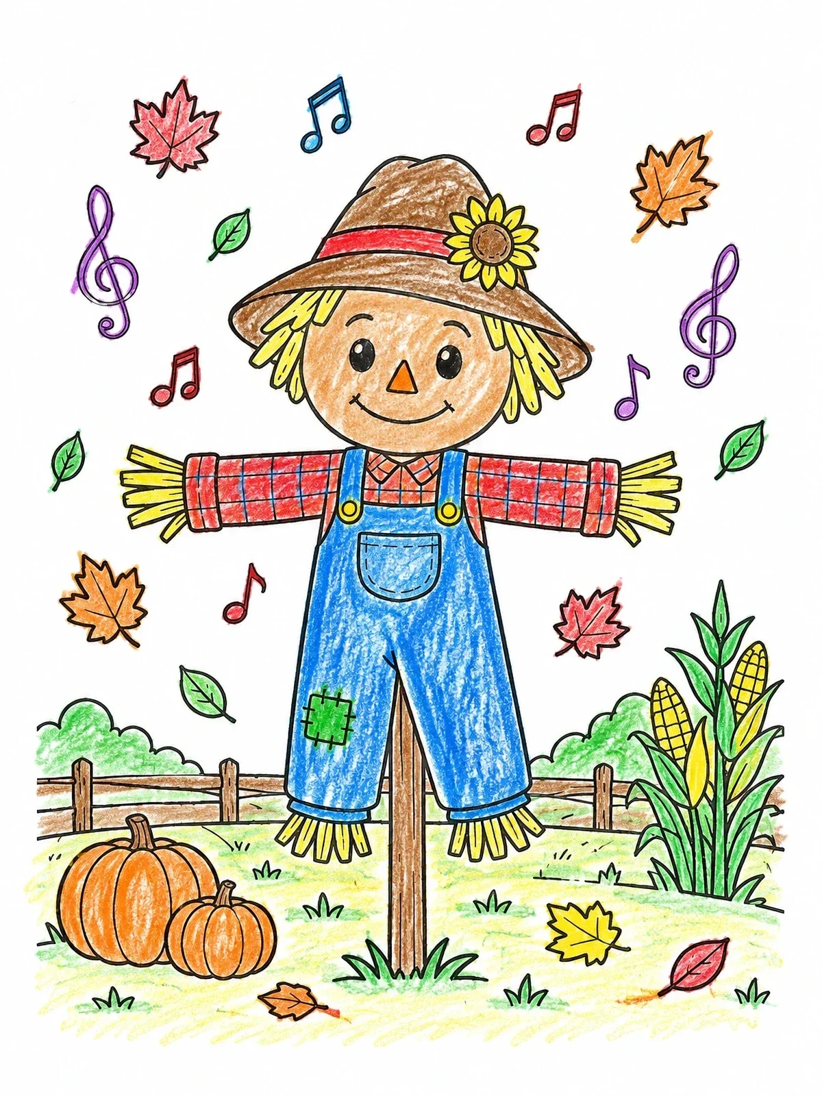 Colored example of the Musical Scarecrow In Autumn Field coloring page