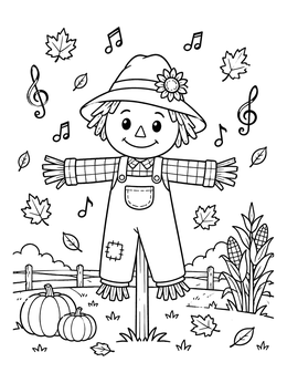 Free printable Musical Scarecrow In Autumn Field coloring page
