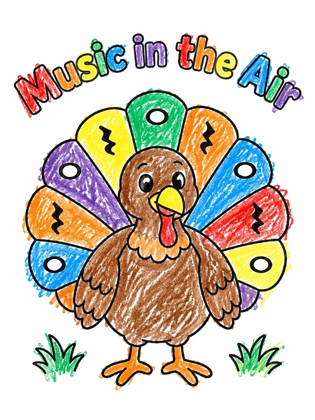Colored example of the Musical Turkey With Feathers coloring page