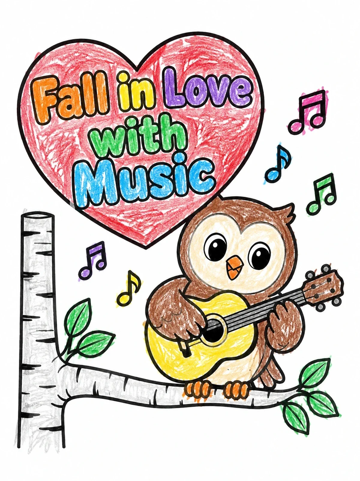 Colored example of the Owl Playing Guitar In Tree coloring page