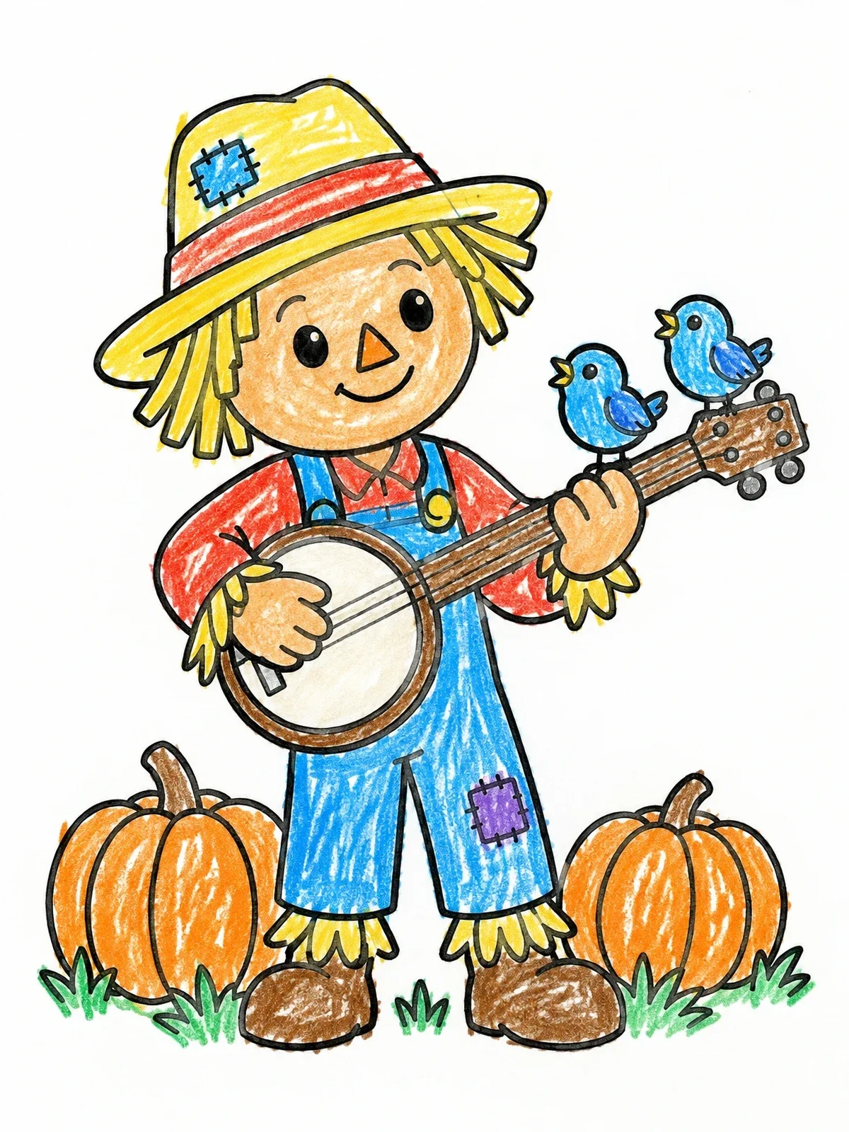 Colored example of the Scarecrow Playing Banjo With Birds coloring page