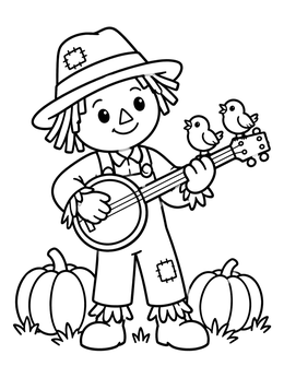 Free printable Scarecrow Playing Banjo With Birds coloring page