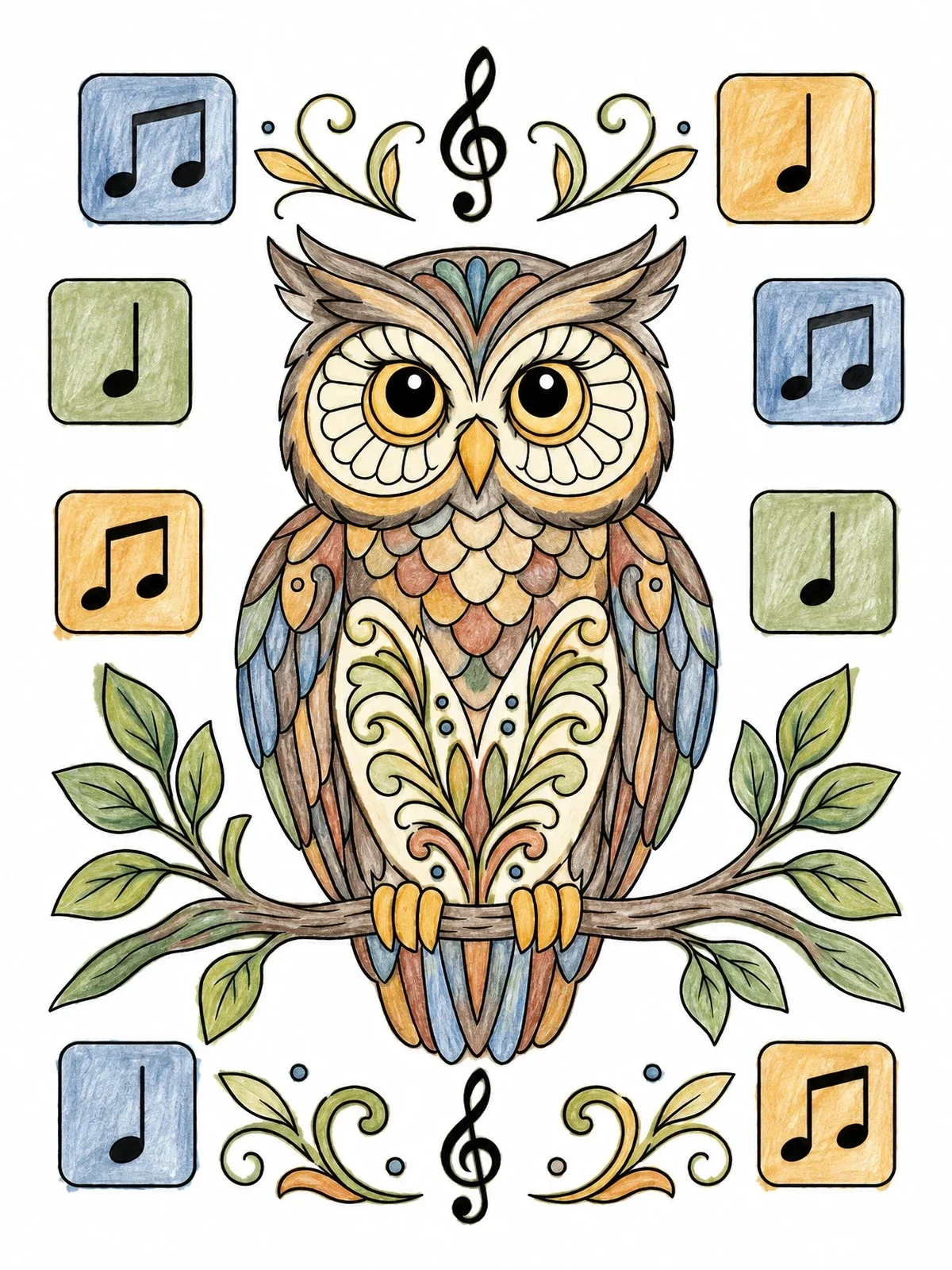 Colored example of the Wise Owl With Music Notes coloring page