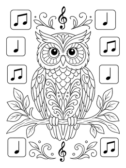An ornate owl perches among musical notes in this fall music coloring page.