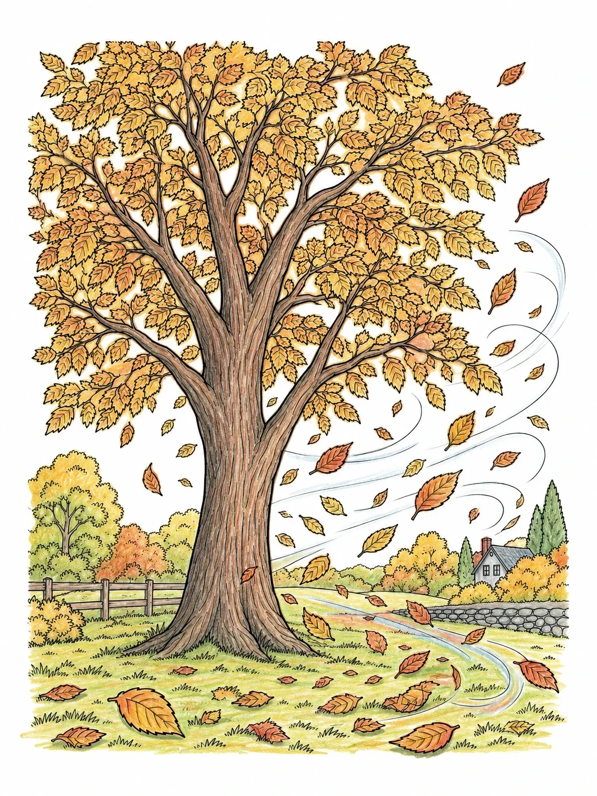 Colored example of the Majestic Autumn Elm In The Wind coloring page