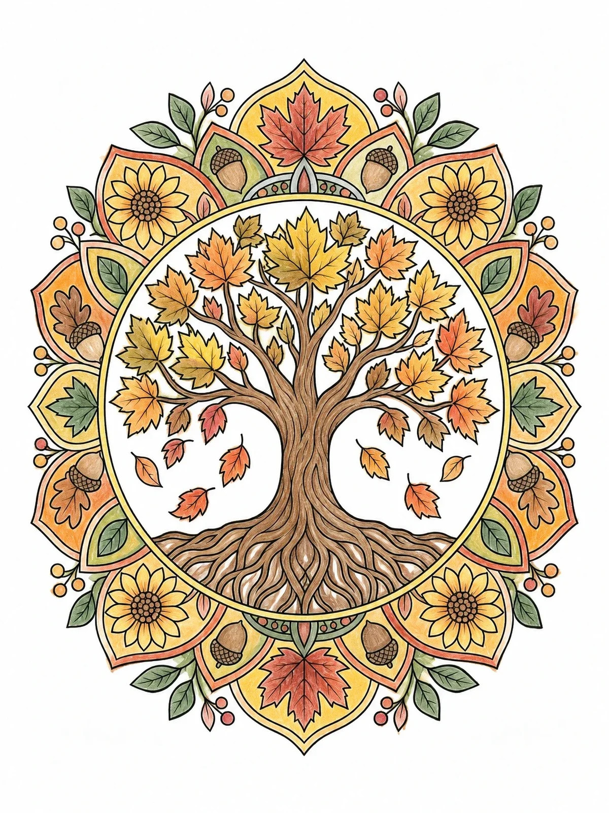 Colored example of the Autumn Tree Mandala With Flowers coloring page