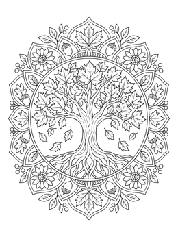 Free printable Autumn Tree Mandala With Flowers coloring page