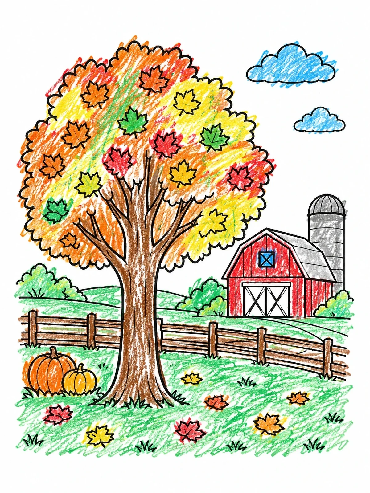 Colored example of the Autumn Tree On A Cozy Farm coloring page