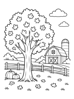 Free printable Autumn Tree On A Cozy Farm coloring page