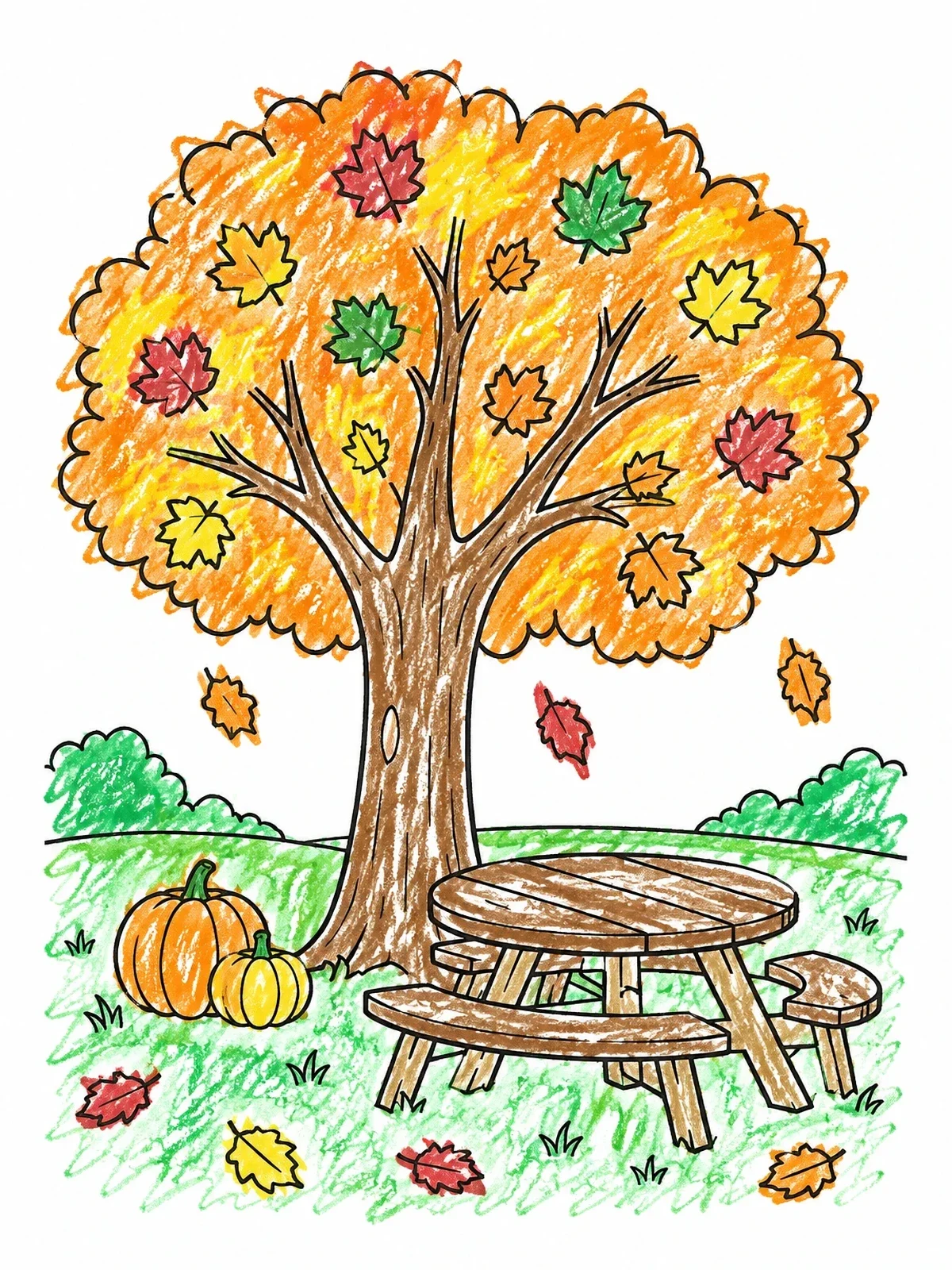 Colored example of the Autumn Tree Beside Picnic Table coloring page