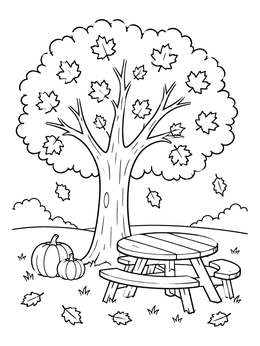 Free printable Autumn Tree Beside Picnic Table coloring page