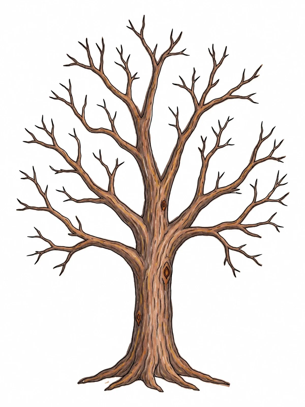 Colored example of the Bare Autumn Tree Trunk Template coloring page