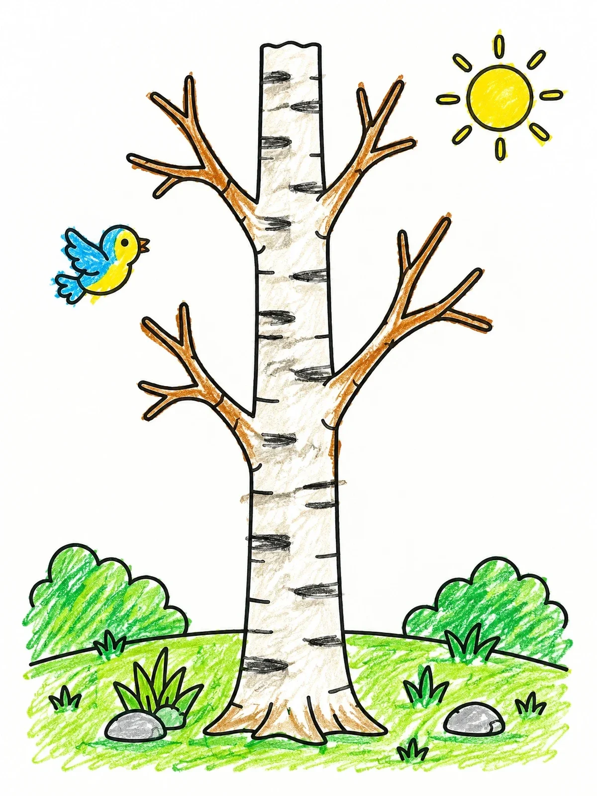 Colored example of the Bare Birch Tree With Flying Bird coloring page