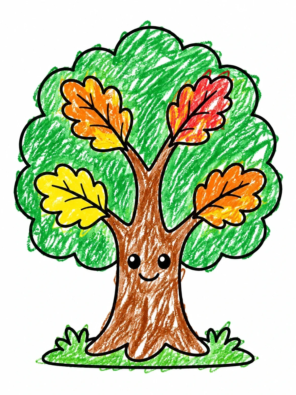 Colored example of the Cute Oak Tree With Smiling Face coloring page