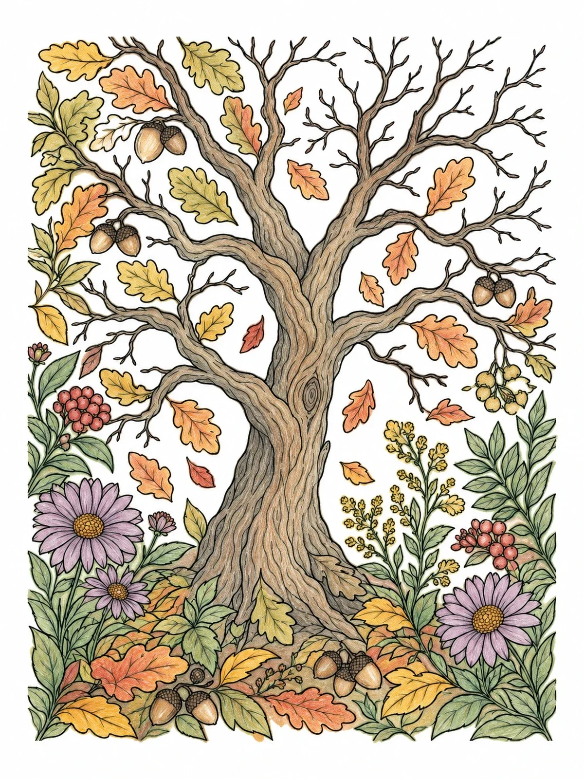 Colored example of the Gnarled Autumn Oak Tree coloring page