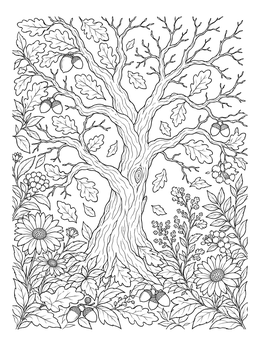 Free printable Gnarled Autumn Oak Tree coloring page