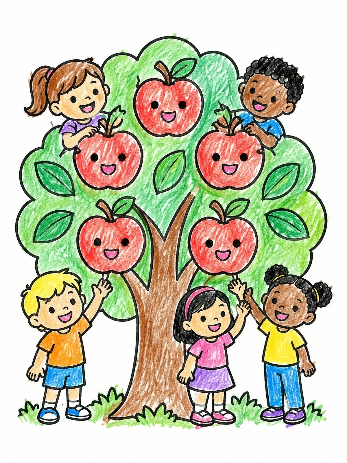Colored example of the Happy Children And Smiling Apple Tree coloring page