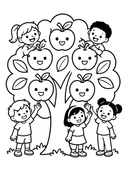 Free printable Happy Children And Smiling Apple Tree coloring page