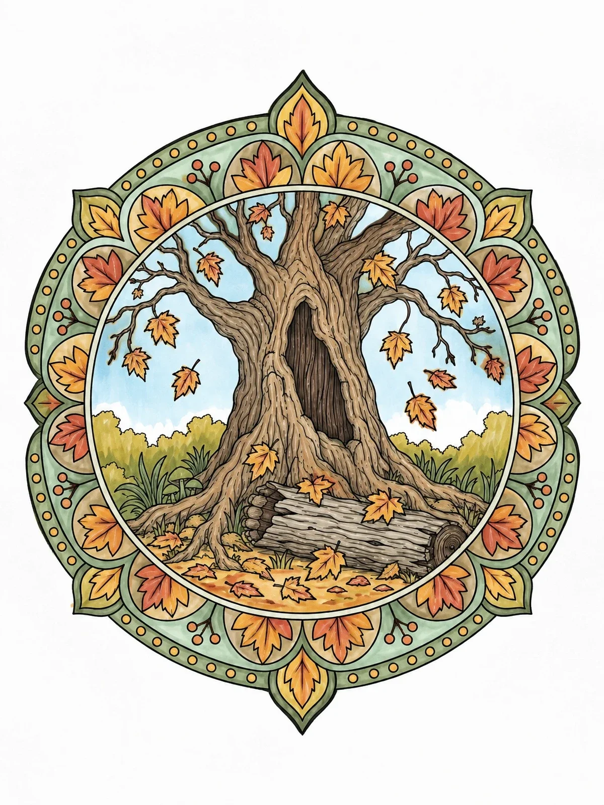 Colored example of the Hollow Autumn Tree Mandala coloring page