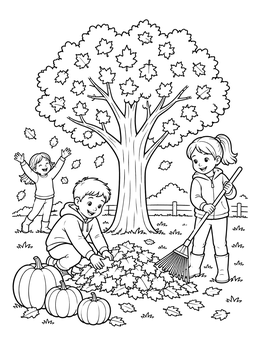 Happy kids gather leaves in this lively fall tree coloring page with pumpkins and outdoor fun.