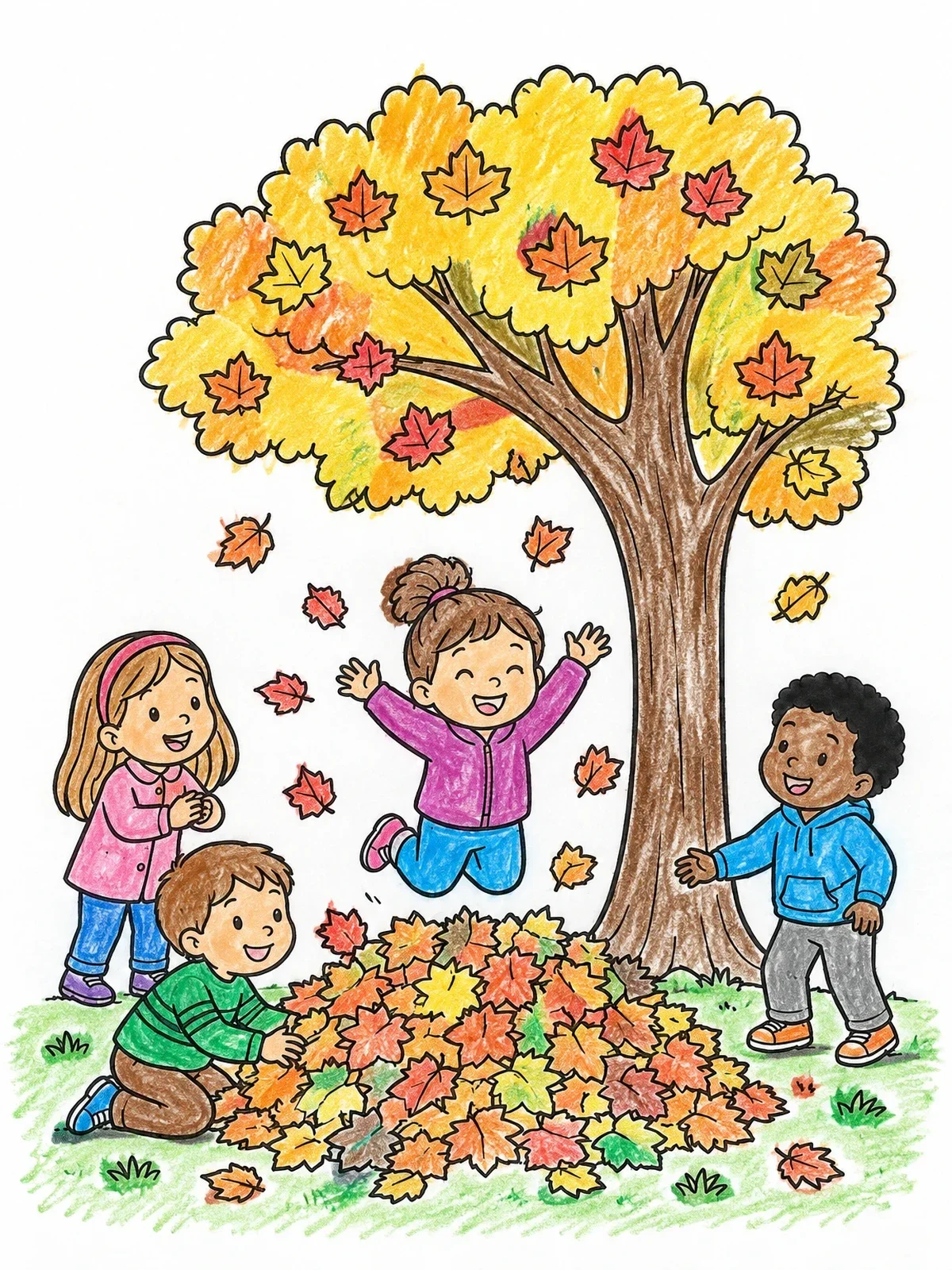 Colored example of the Kids Playing In Autumn Leaves coloring page
