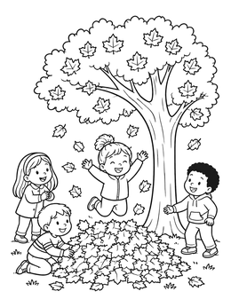 Free printable Kids Playing In Autumn Leaves coloring page