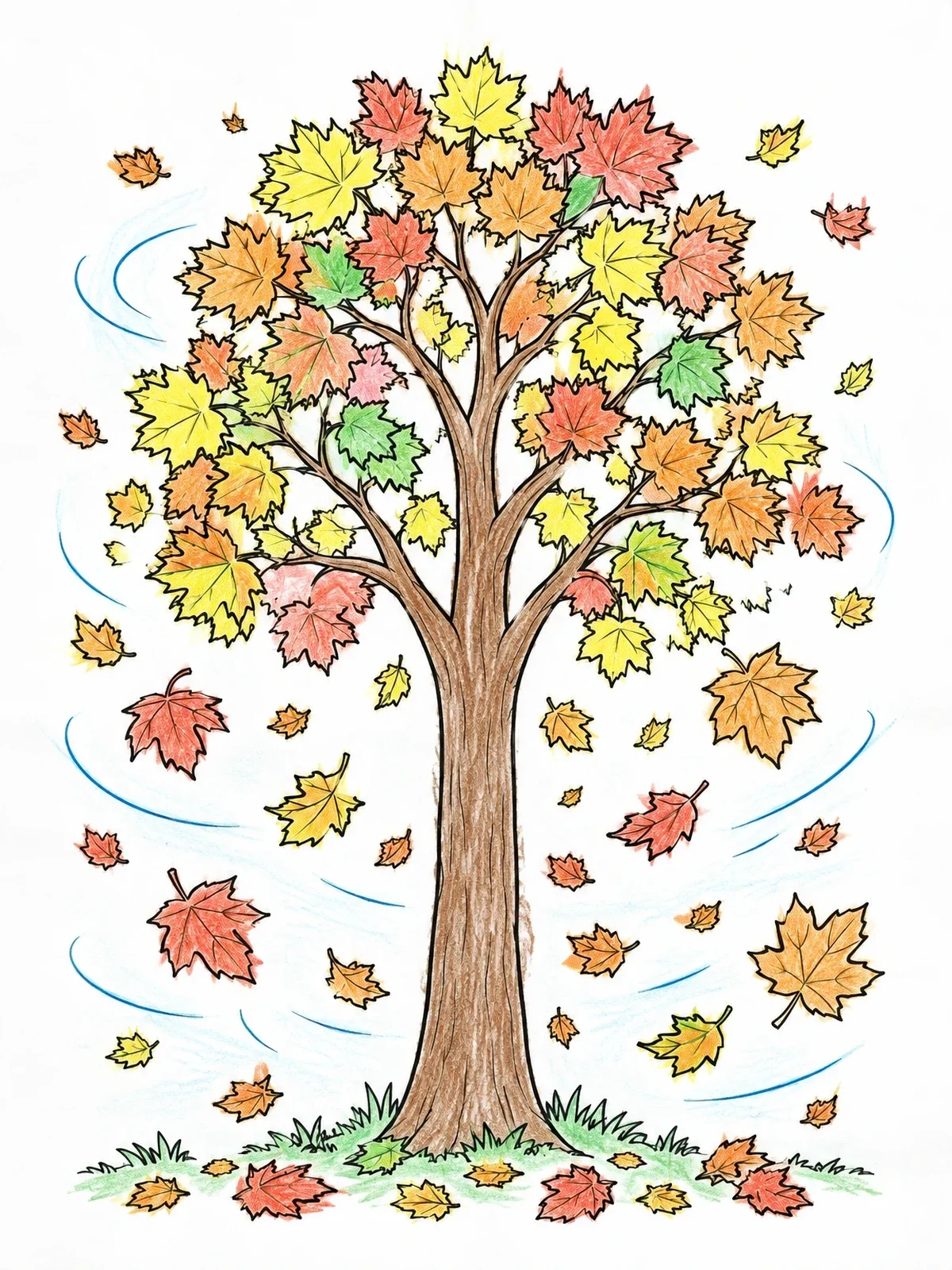 Colored example of the Maple Tree In Autumn Breeze coloring page