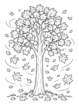 A breezy fall tree coloring page with detailed maple leaves swirling in the air.