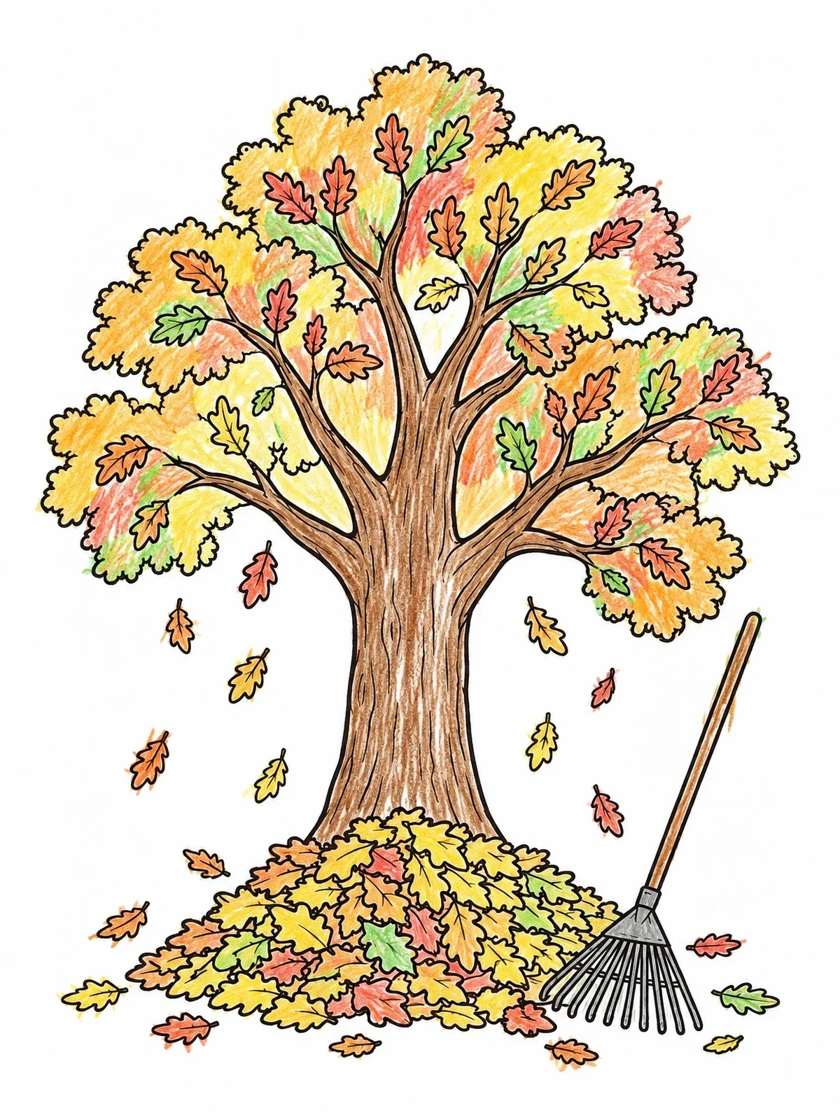 Colored example of the Oak Tree With Autumn Leaf Pile coloring page