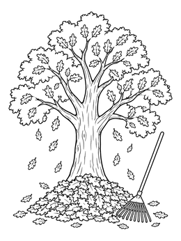 A leafy fall tree coloring page features a large oak, falling leaves, and a garden rake.