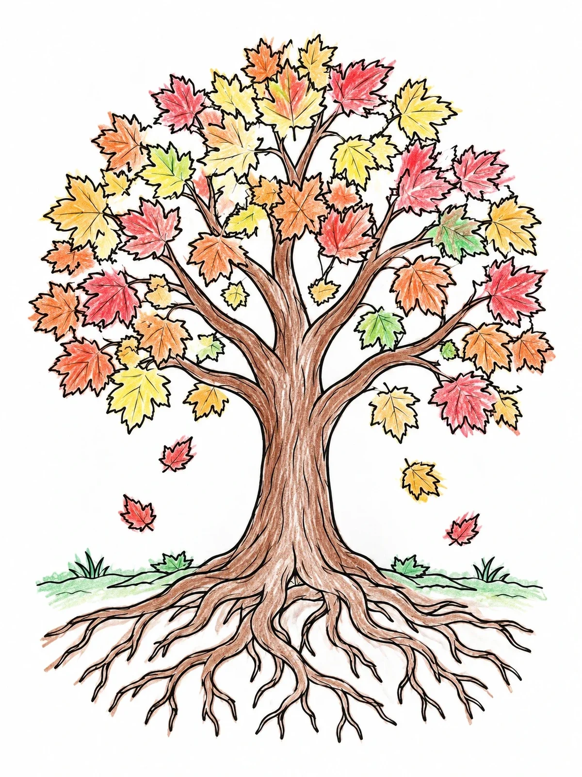 Colored example of the Sprawling Autumn Tree With Roots coloring page