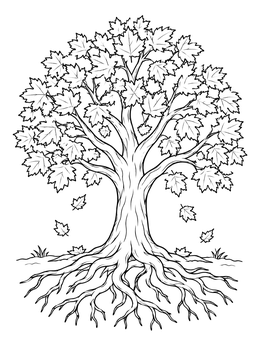 A leafy fall tree coloring page featuring twisting branches and deep root systems.